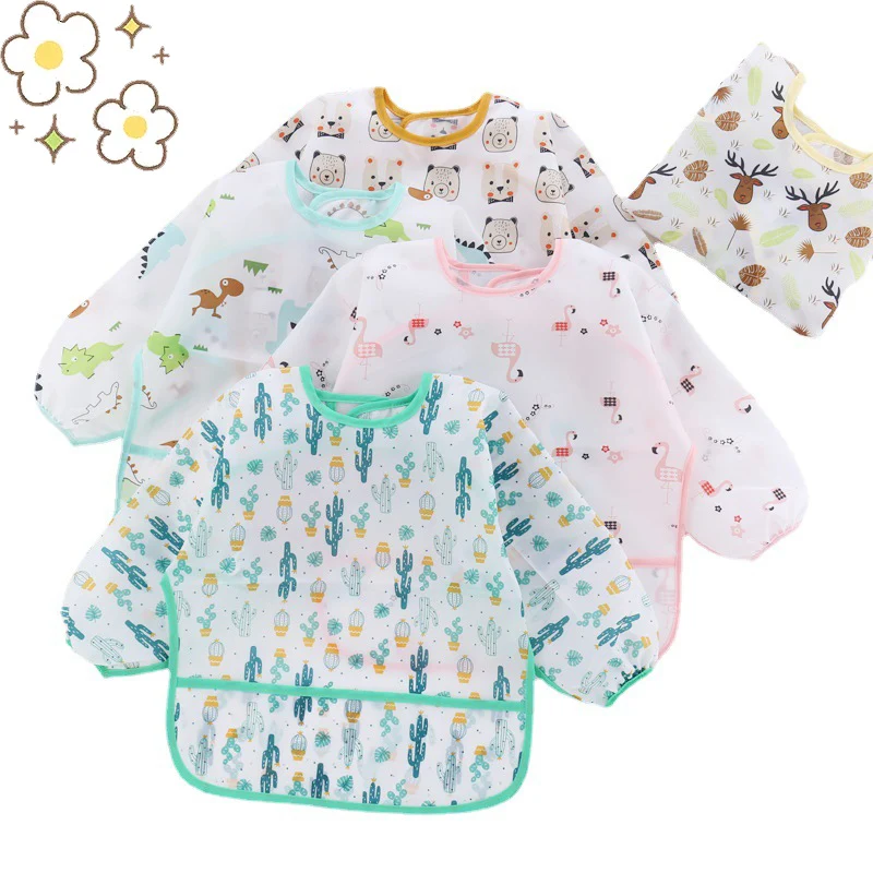 Waterproof Long Sleeve Bib Wipe Clean Baby Weaning Bib Cartoon Print Feeding Smock Mess Proof Toddler Apron for Eating & Art