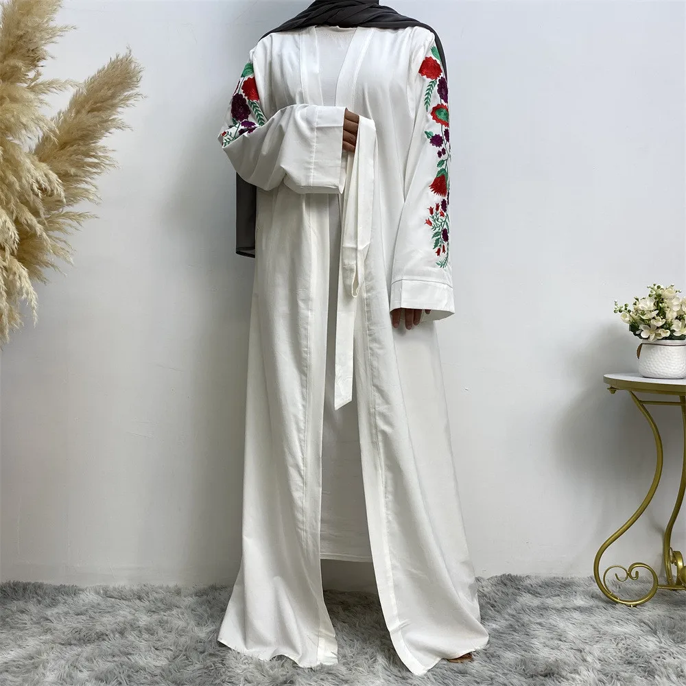 

2024 Embroidery Open Abaya Ramadan Eid Kimono Cardigan Women Muslim Dress Belted Kaftan Dubai Turkey Robe Longue Femme Musulmane