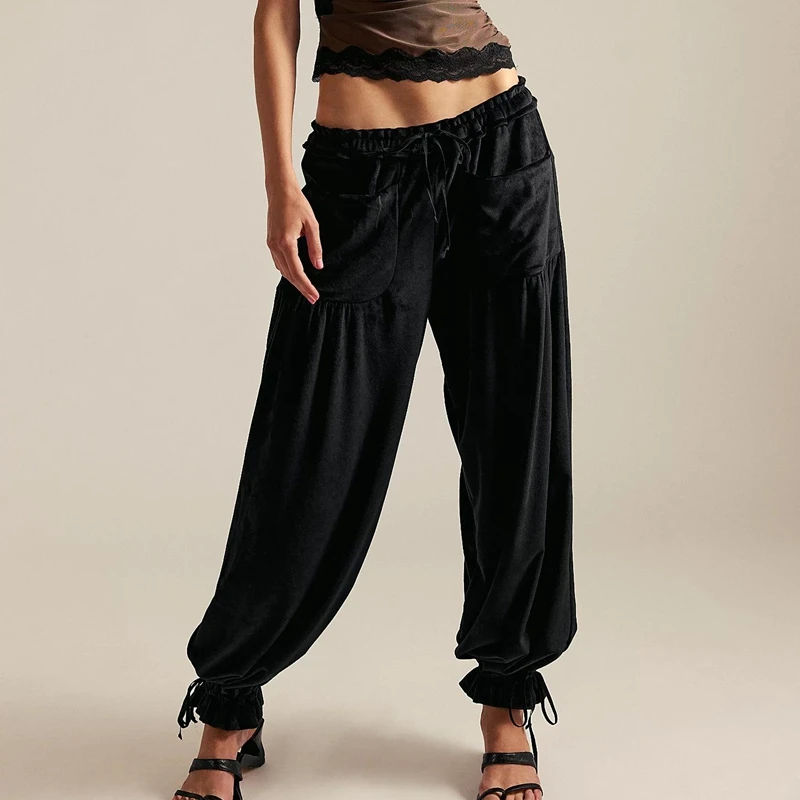 سروال نسائي طويل برباط مرن من Combhasaki بخصر منخفض مع جيوب Y2k سروال مخملي عتيق #6