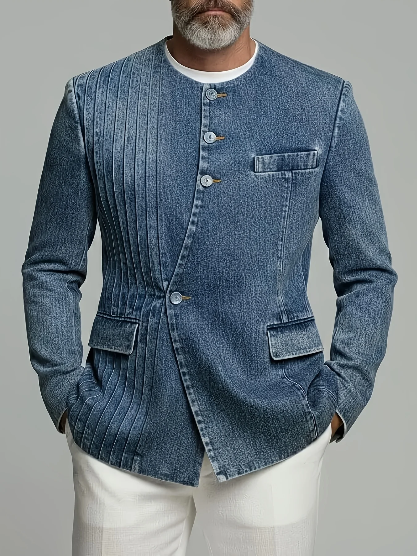 Fashion Men Denim Suit Jacket Round Neck Asymmetric Button Side Pleated Design Vintage Casual Streetwear Male Denim Blazer Coat