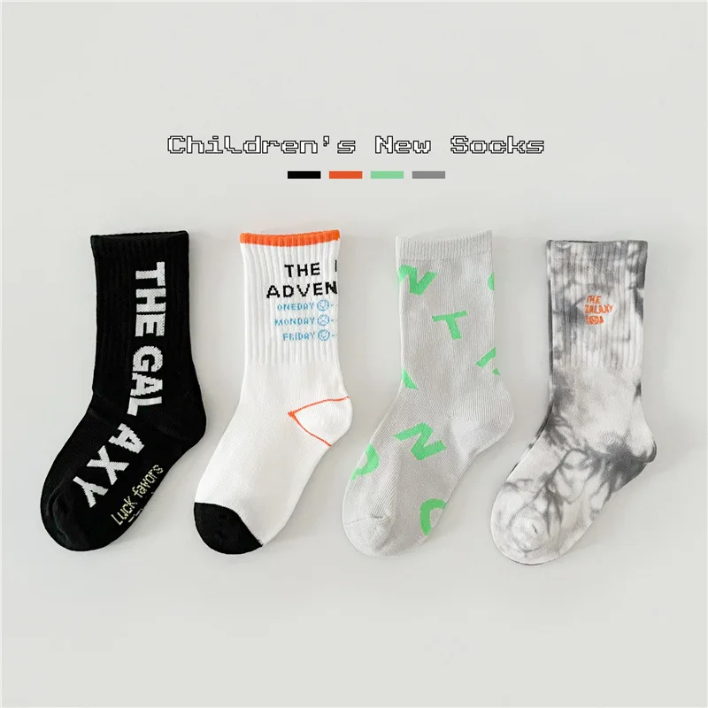 4 Pairs Socks Boys Trendy Bandhnu Socks Autumn Children Kids Cotton Socks Mixed Color Pattern