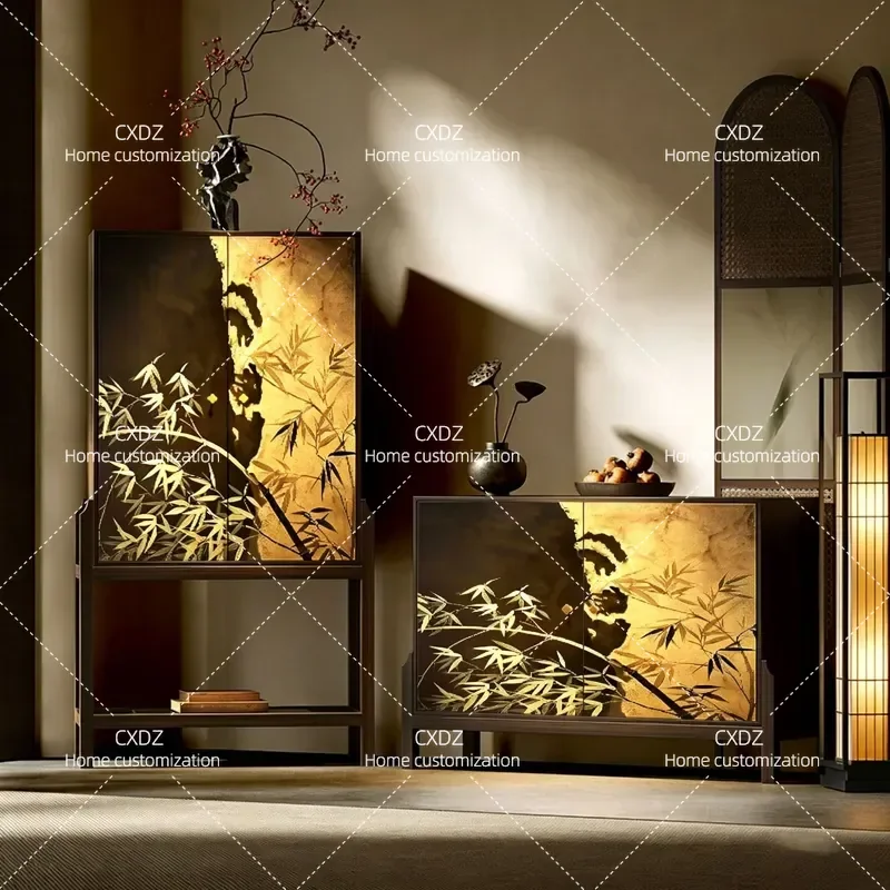 New Chinese Style Solid Wood Porch Cabinet Ink Gold Bamboo Pattern Dining Side Cabinet Living Room Storage Furniture Set
