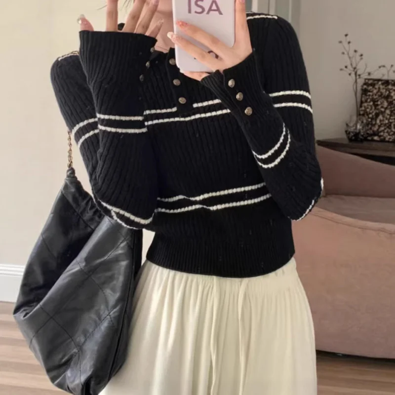 

POLOWomen's new autumn and winter collared knit top, college style, Maillard color-blocking striped short base shirt