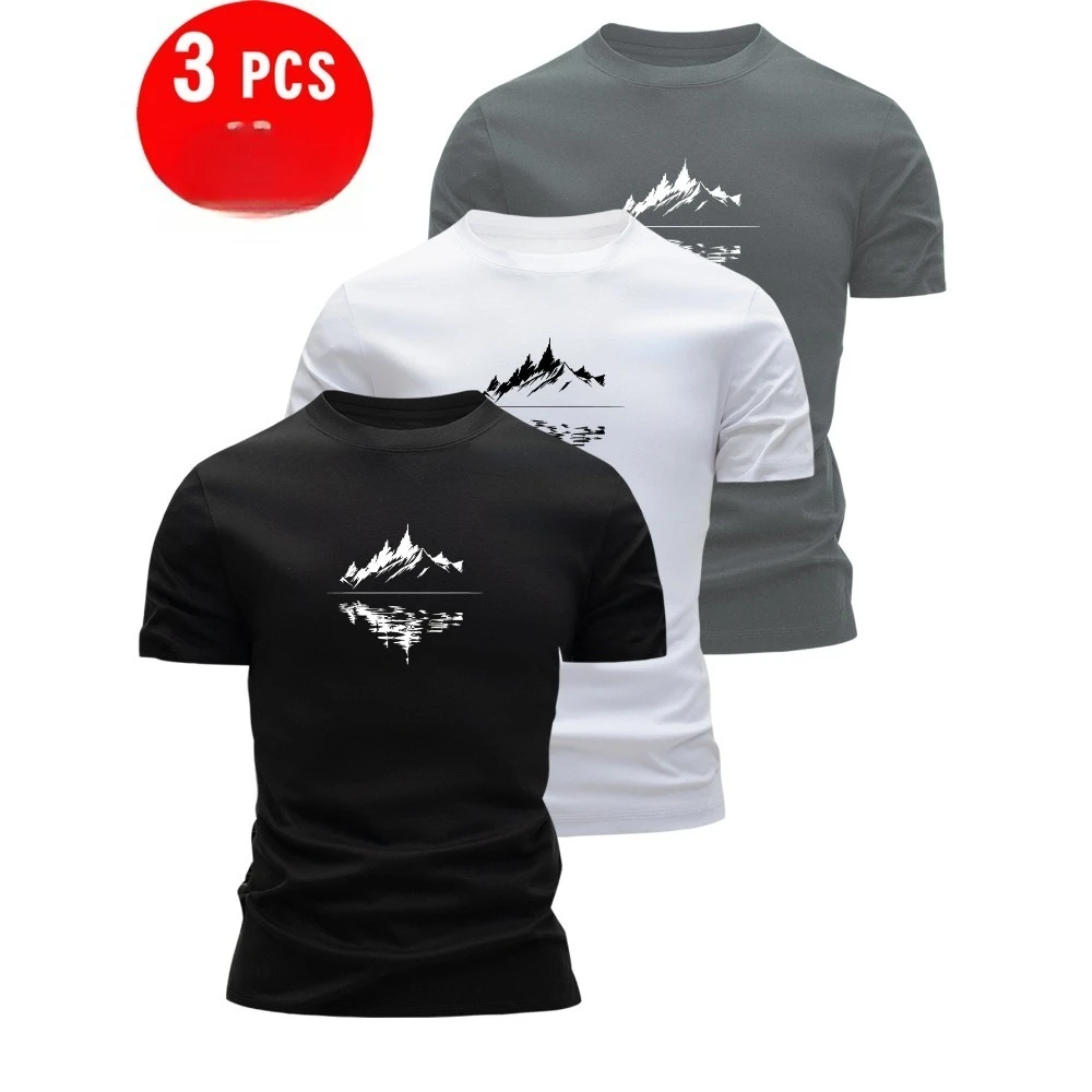 

3pcs Men's T-Shirts with Mountain Landscape Print - Slim Fit Short Sleeve Round Neck Breathable Summer Tees in White