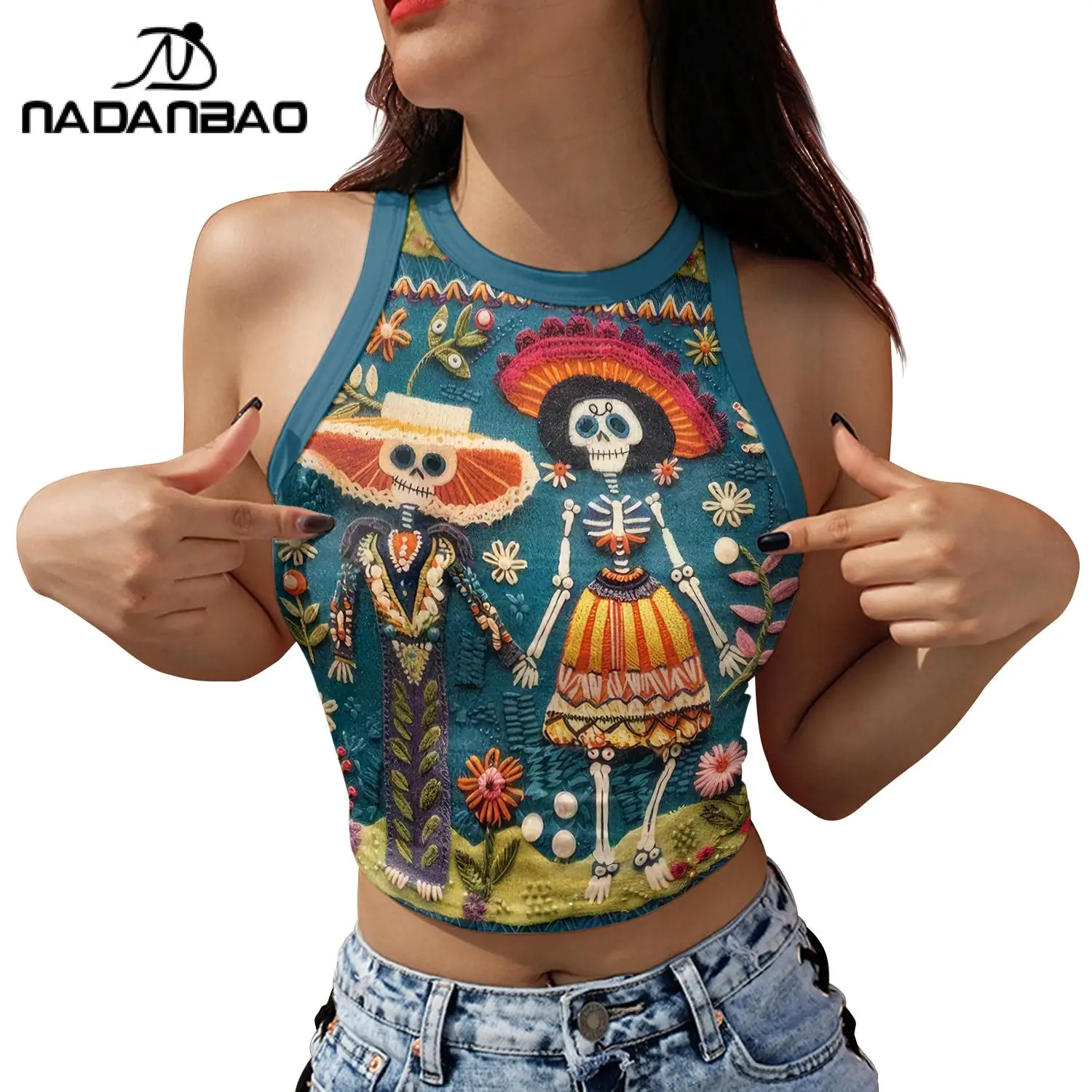 Nadanbao Mexican Folk Art Print Crop Top Halloween Day of the Dead Sleeveless Shirts for Women Summer Fashion Graphic Tank Top