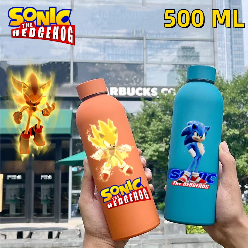 Anime 500ML Sonic Hedgehog Thermos Sport Small Mouth Bottle Double-layer Vacuum Stainless Steel Cola Coffee Frosted Bottle Gift