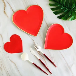 40pcs Red Heart Theme Disposable Tableware For Wedding Valentine's Day Plate Cup Napkin Party Decorations Supplies Wedding Favor