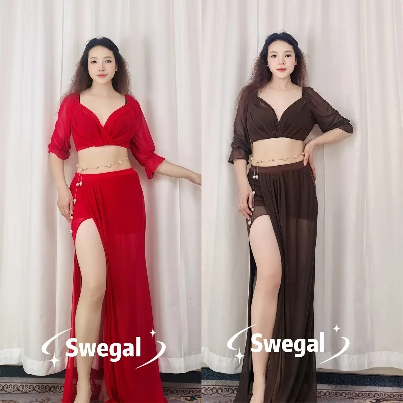 

Customized Belly Dance Costums Practice Dress Mesh Folding Crepe Split Long Dress Set Sexy V-neck Lantern Sleeve