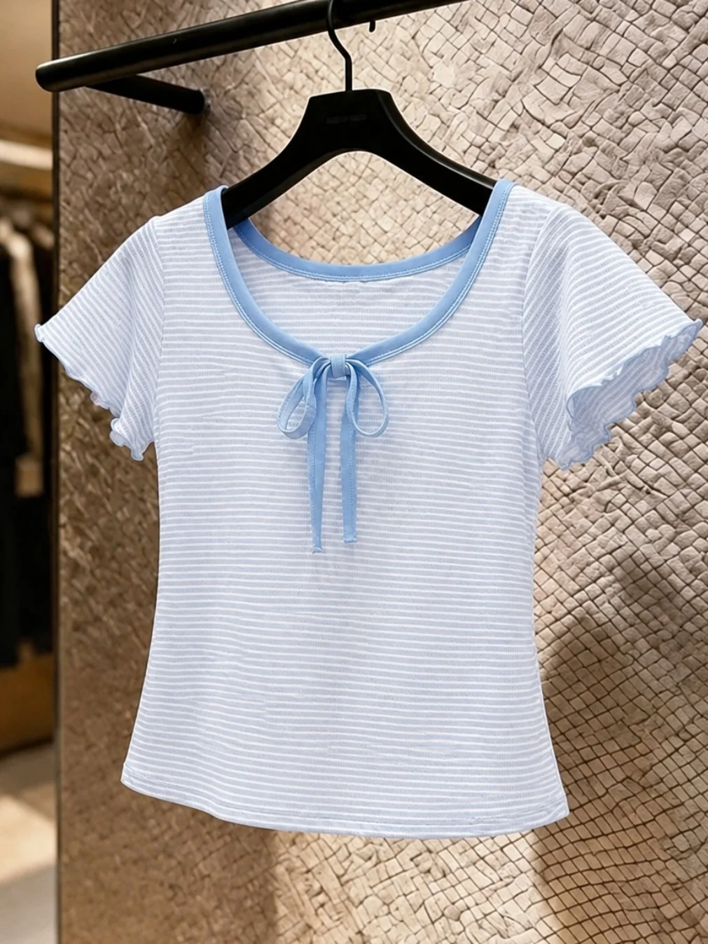 

Summer Striped Design Bow Tie Short Sleeve T-Shirt Sweet Korean Style Top And Beautiful Women's Straight Cut Silk Shirt