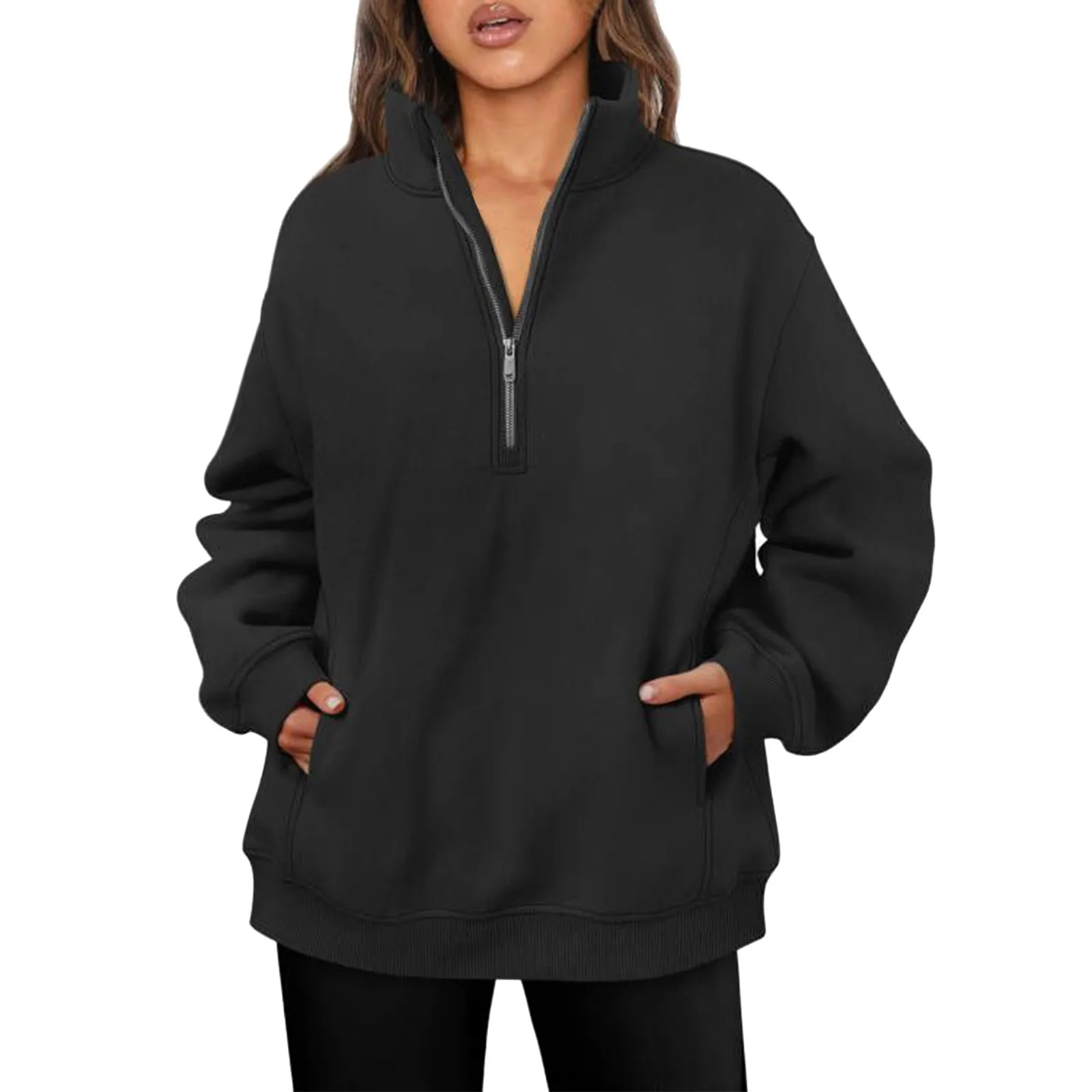 

Womens Oversized Sweatshirts Stand Collar Zipper Pullover Long Sleeve V-Neck Solid Color Hoodie With Pocket For Ladies Fall 2023