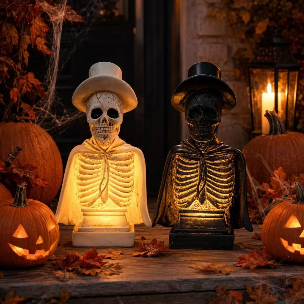 Retro Gentleman Skull with Top Hat Halloween Skull Sculpture with Top Hat Spooky Resin Skeleton Figurine with Led Light