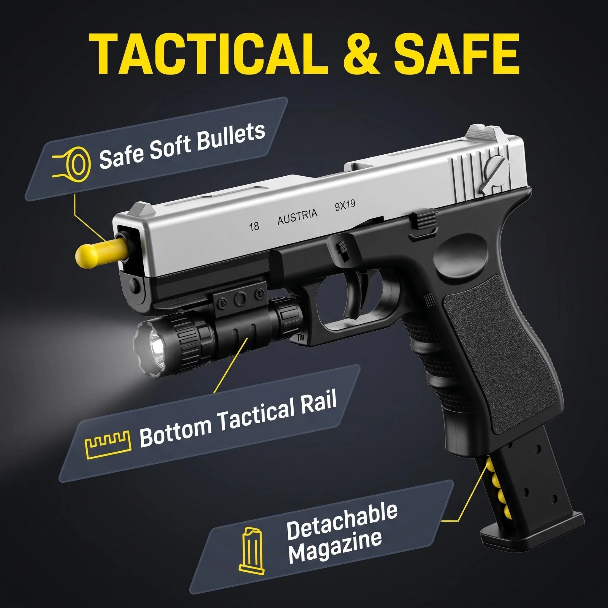 G18 TOY GUN SET WITH LASER SIGHT FLASHLIGHT MAGAZINE SAFE SOFT BULLETS FOR OUTDOOR GAME