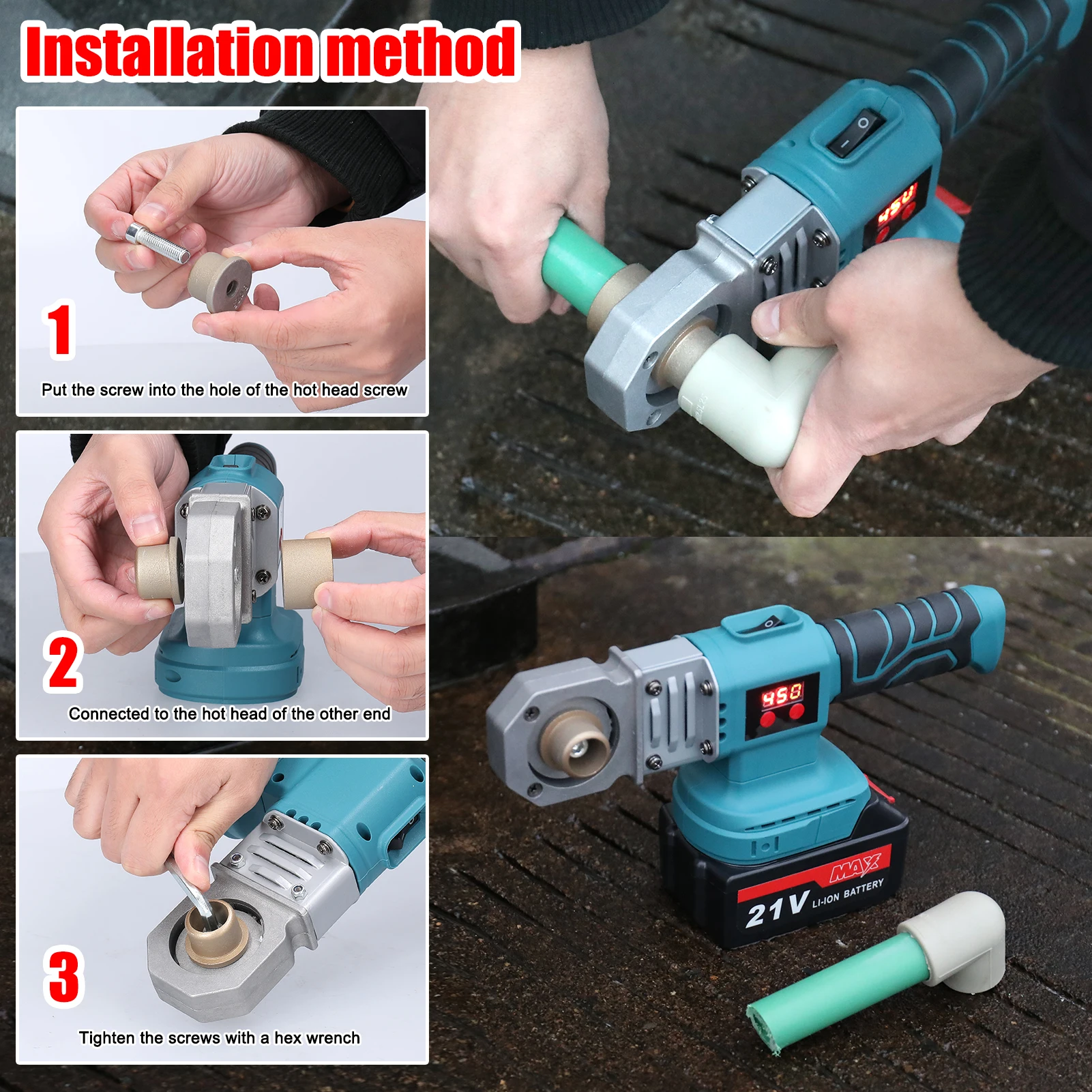 Rechargeable Hot Melt Machine Cordless PPR Water Pipe Melter Plastic Welding Machine with Replacement Heads 18V Battery Powered