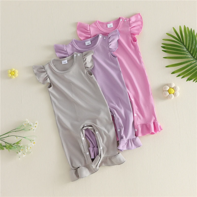 

Летний комбинезон для маленьких девочек 0-18 месяцев, очаровательный однотонный комбинезон с рукавами-крылышками и круглым вырезом, повседневная одежда