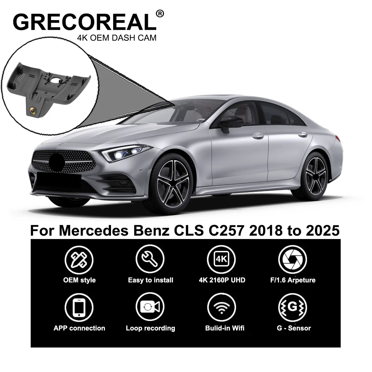 GRECOREAL 4K Dash Cam Voor en Achter 2160P WiFi Auto Dual Dashcam APP Controle Plug Play Compatibel met Mercedes Benz CLS C257 - afbeelding 2