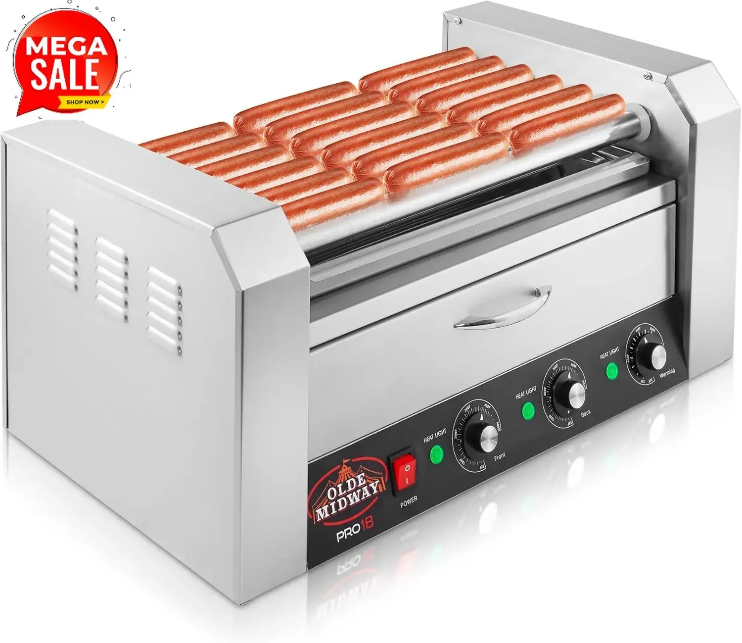 Electric 18 Hot Dog 7 Roller Grill Cooker Machine with Bun Warming Drawer - Commercial Grade, Stainless Steel