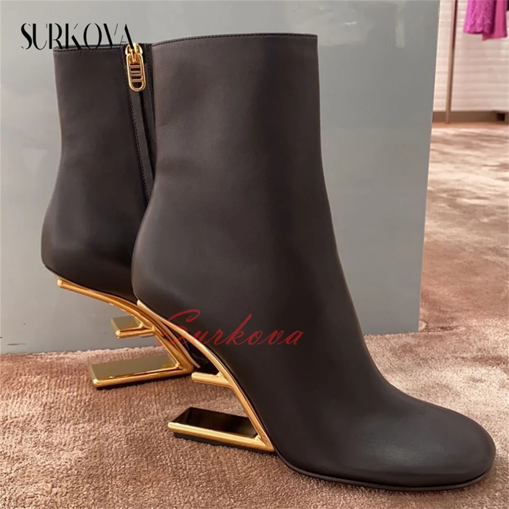 2023 New Arrival Hollow Shaped Heel Ankle Boots Women\'s Round Toe Side Zip Leather Boots Solid Color Modern Concise Ankle Boots