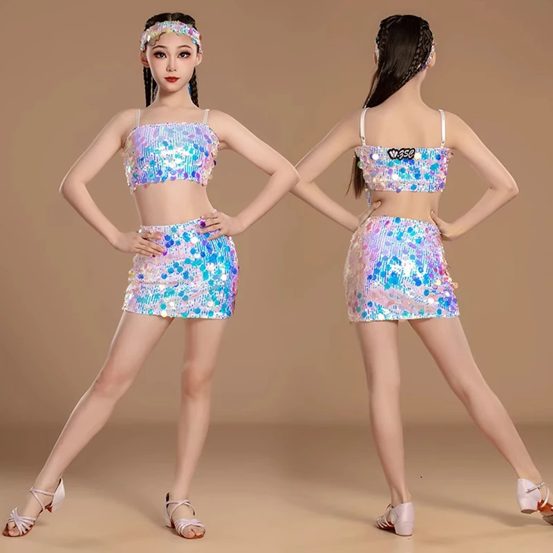 

Костюм для латинских танцев 2025, летние зеленые топы с пайетками, комплект с юбкой, самба, румба, сценическая одежда для девочек, танцевальная одежда для латинского ча-ча