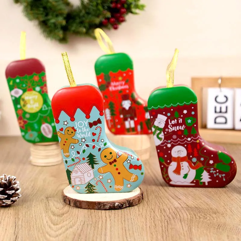 Christmas Candy Box Tin Box Candy Can Gift Packaging Box Printing Xmas Socks Shaped Box Kids Present Tree Hanging Supplies Noel