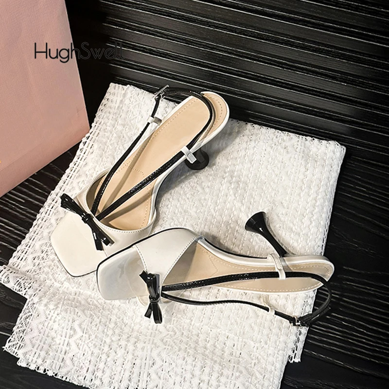 Black White Bowknot Slingback Sandals Woman Brand Design Square Toe Narrow Band Sandalias Ladies Elegant High Heel Evening Shoes