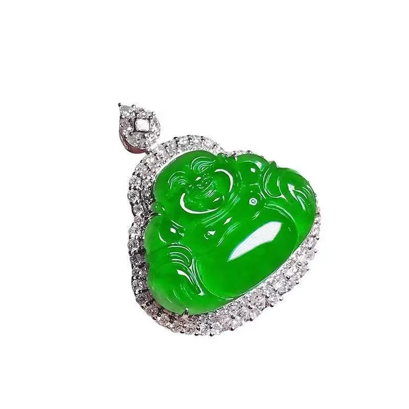 

Jade Buddha Pendant High-end Ice Full Green Jade Buddha Pendant Women's Silver Inlaid Smiley Maitreya Buddha