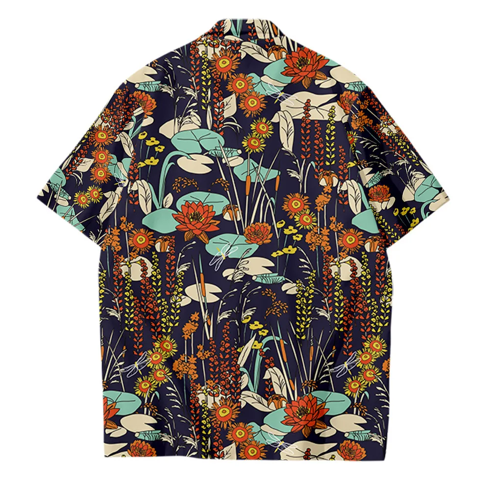 Men's Aloha Shirt Summer Lotus Print Casual Beach Short Sleeve Shirt Plus Size Loose Top