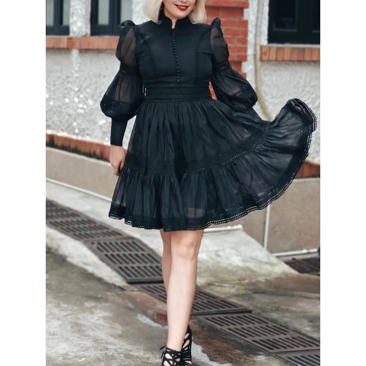 Vestido curto com enfeites pesados, manga lanterna e bainha com babados para banquete, vestido f e e moderno de...