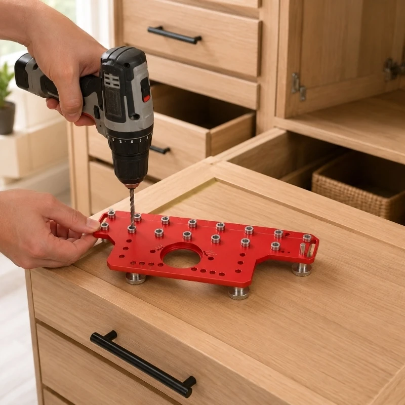 Woodworking Drilling Guide for Cabinet Hardware Layout, Aluminum Plate Position Tool with Guide Bushings for Shelf Pin