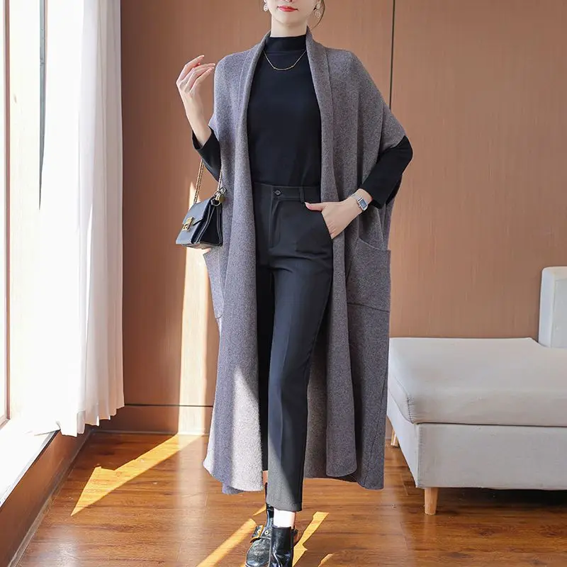 Long Sweater Vest Women Knitting Cardigan Waistcoat Coat Lady 2024 New Autumn Winter Spliced Loose Solid Sleeveless T619