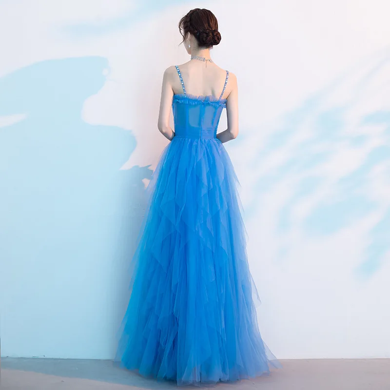 Elegante azul a linha vestidos de baile sexy cinta espaguete doce vestidos de festa de casamento longo vestido de festa para vestido de noite formal