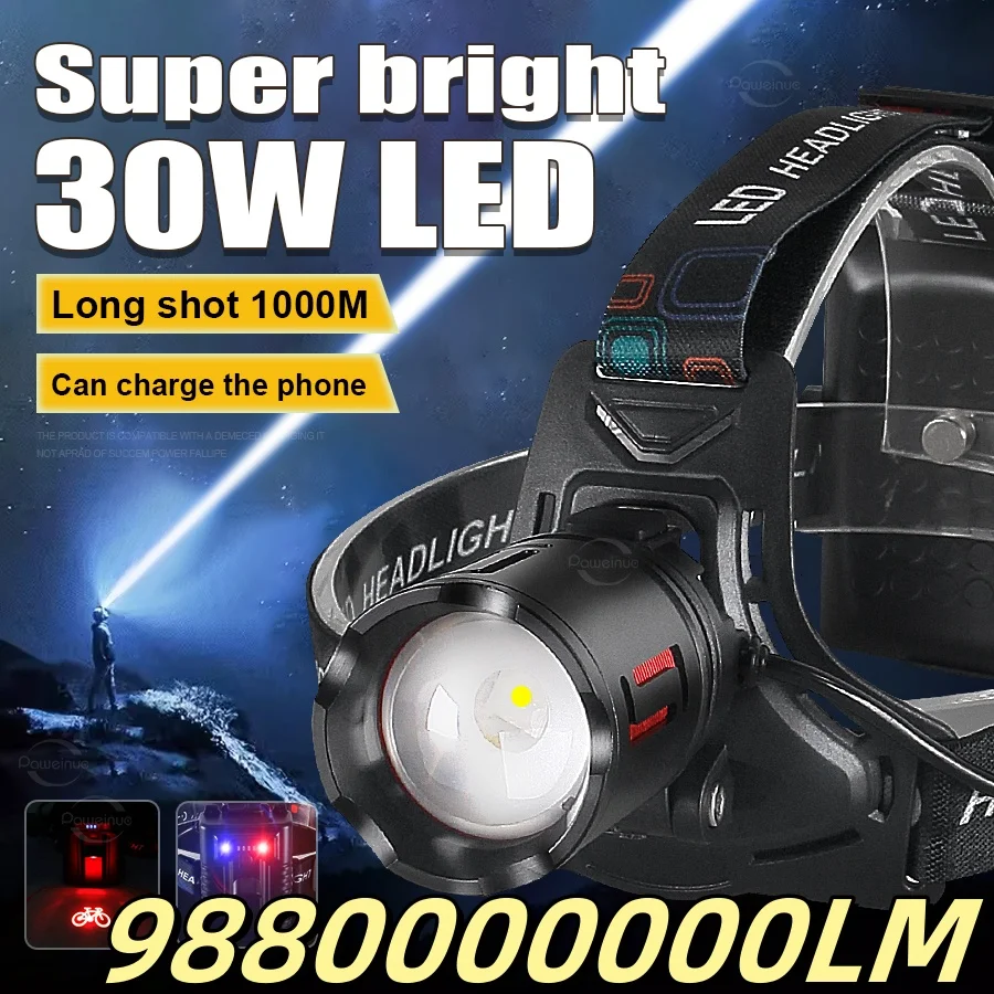 New Ultra Powerful LED Headlamp Strong Light Long Range1000M Head Flashlight Rechargeable Fishing Hunting Hiking Headlight Torch