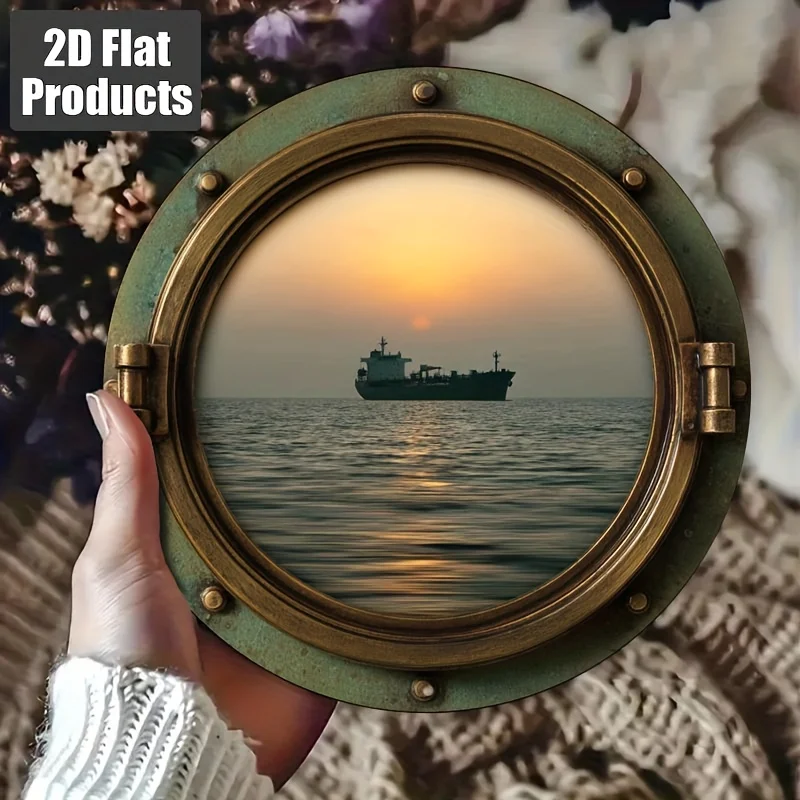 2D Flat, 1pc Vintage Nautical Ship & Maritime Wall Art - 8-Inch Round Aluminum Metal Wall-Mounted Porthole Window Frame Replica