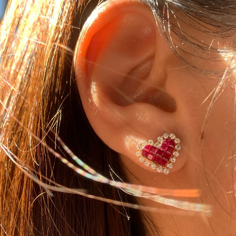 Aazuo 100% 18K Solid Yellow Gold Natural Ruby Real Diamonds Lovely Star Stud Earrings Gifted For Women Engagement Wedding Party