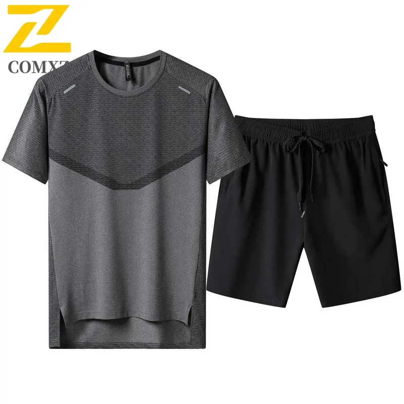 

Summer Men's Sportswear suit Brand Fashion Badminton Training Ice Silk T-Shirt Shorts 2 Piece Set Male Casual Running Tracksuit