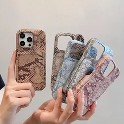 Vintage Snake Pattern Card Bag For Iphone 11 12 13 14 15 Pro Max Back Cover Protection Case Half Pack Hard Case