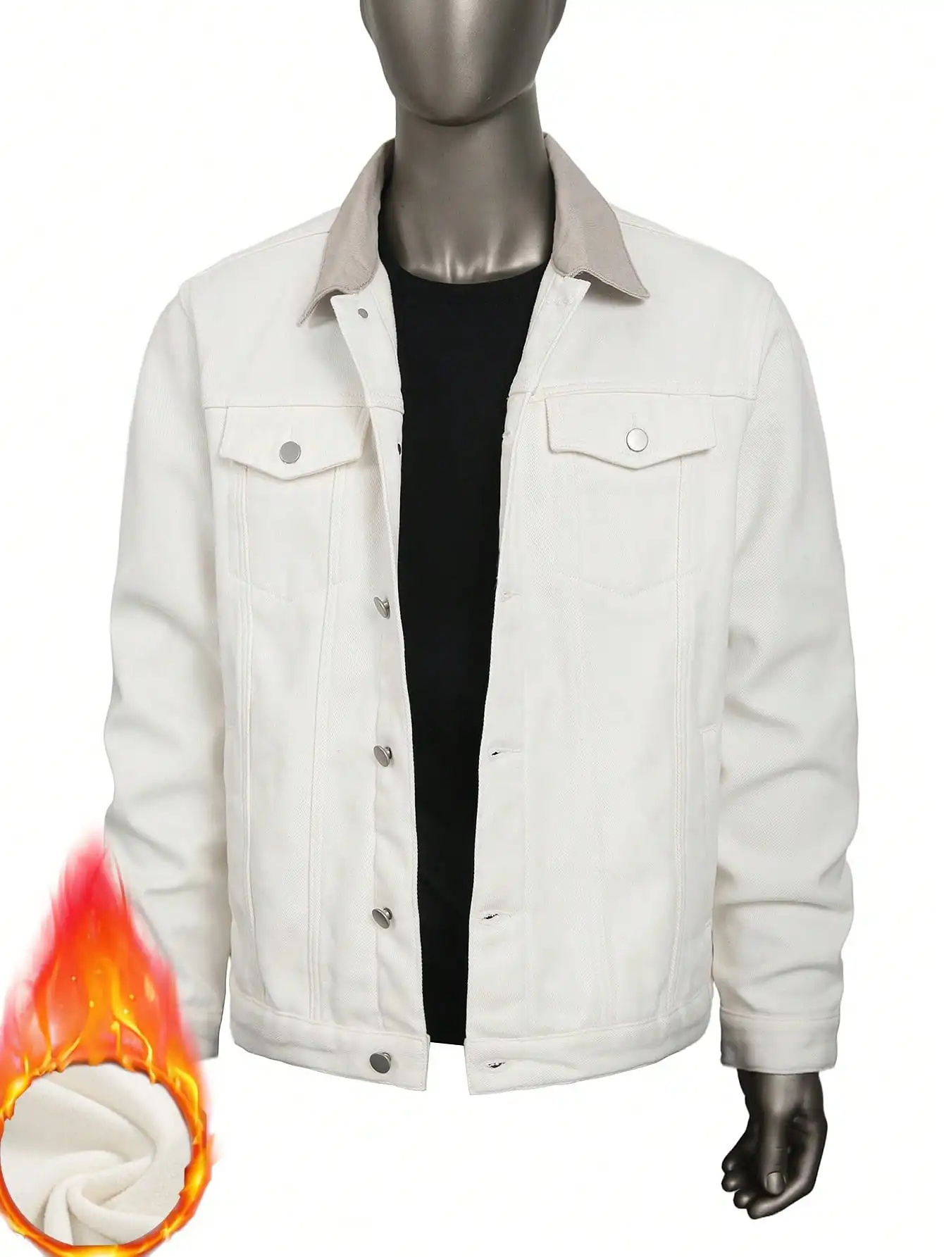 Men's Off-White Color-Block Collared Fleece-Lined Denim Jacket — Winter Thick Warm Workwear Denim Coat, Vintage Casual Top