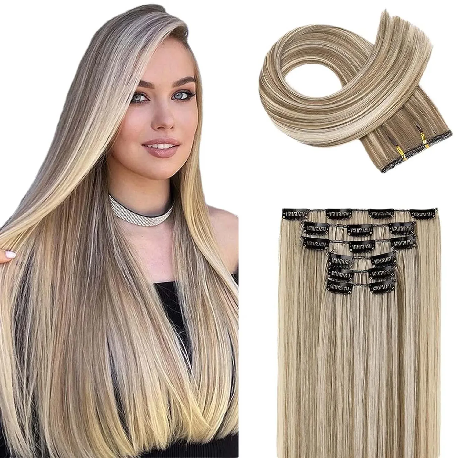 Synthetic 24Inch 16 Clips in Hair Extensions Long Straight Hair Blonde Black Hairpieces for Daily Use,Multi-colored Clip in Hair