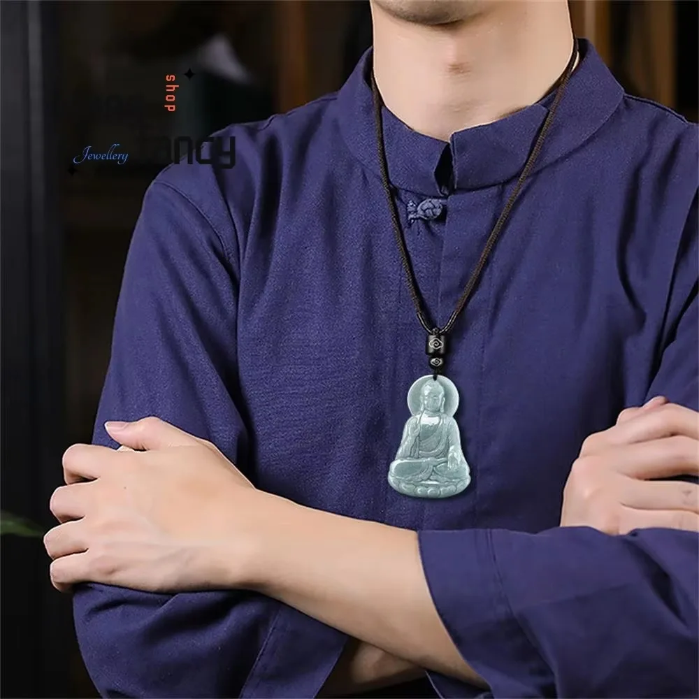 Natural A-goods Jadeite Blue Water Buddha Amitabha Pendant Superior Quality Exquisite Handicraft Fashion Jewelry Buddhist Amulet