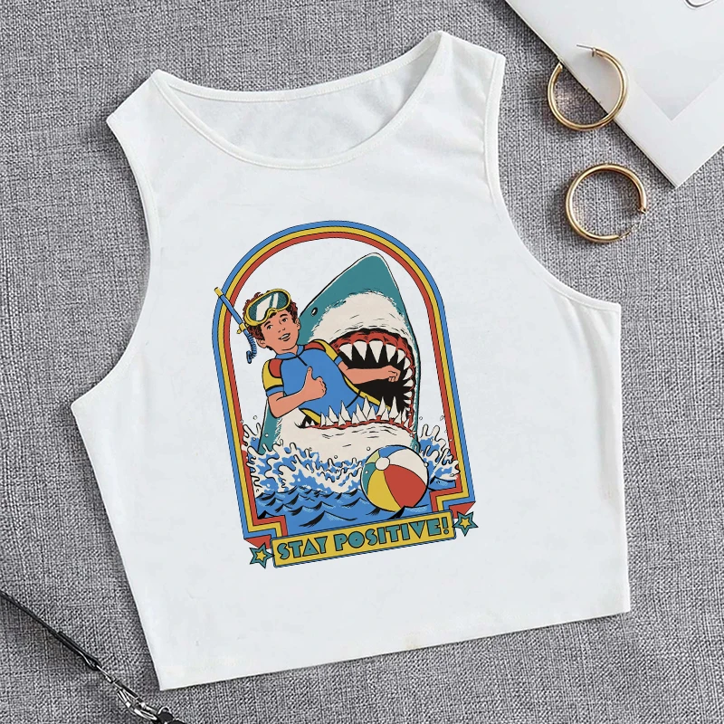 Gothic Funny Comic Shark T-shirt Print 90s Cropped Women'S Sleeveless Tank Top Stylish Vest Crop Top Tee Casual Shirt Fashion