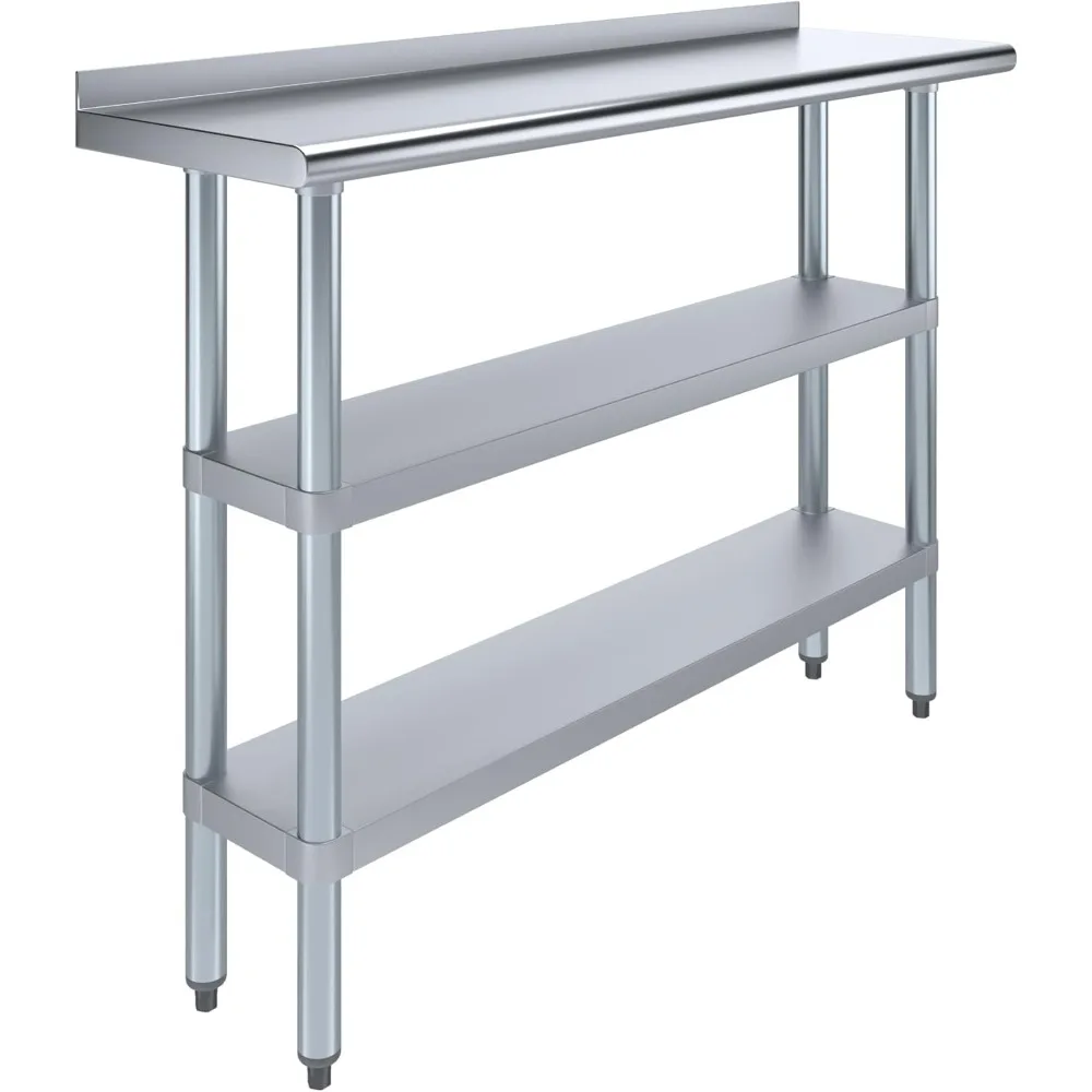 

Stainless Steel Work Table with 1.5" Backsplash and 2 Shelves | Metal Kitchen Food Prep Table | NSF (48" Long x 14" Deep)