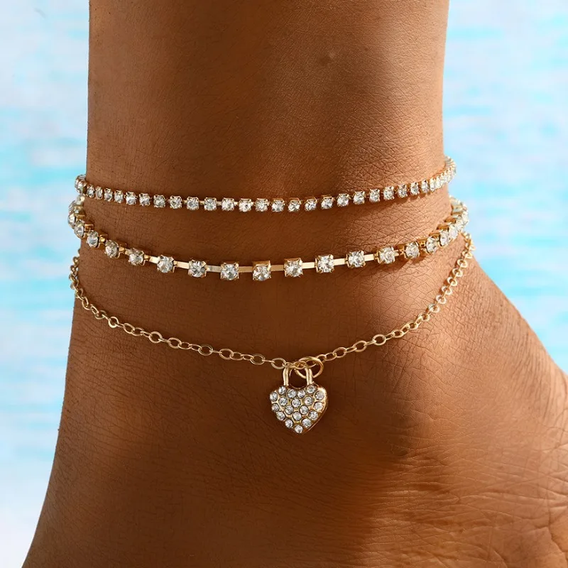 

2025 hot-selling fashion creative personality summer love zircon anklet 3-piece set women's jewelry wholesale