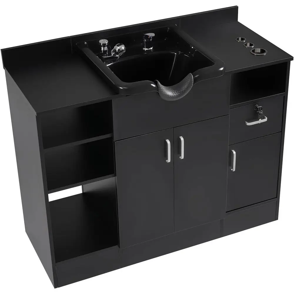 

Cabinet-Mounted Shampoo Bowl, Barber Backwash Station with Charging, Storage, Sprayer & Sink for Salons