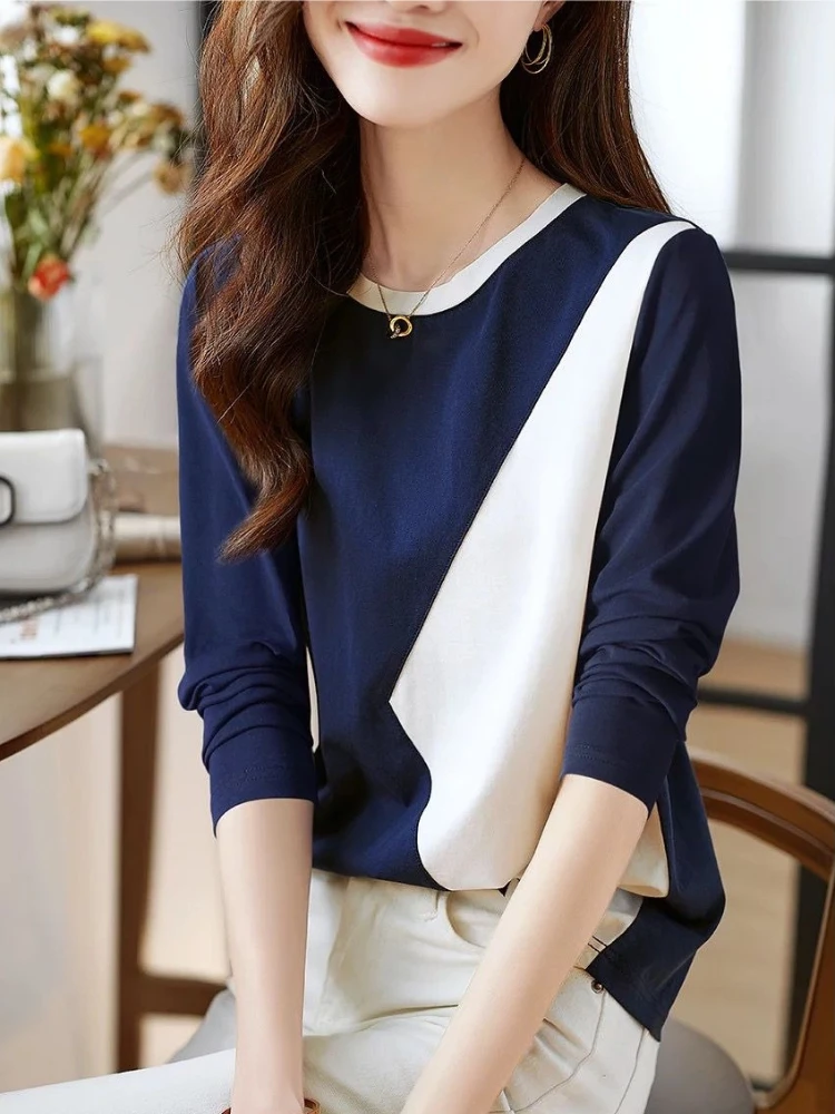 

Женская футболка из чистого хлопка с длинными рукавами, осень 2026, лоскутная рубашка с круглым вырезом, облегающая повседневная модная базовая рубашка для женщин