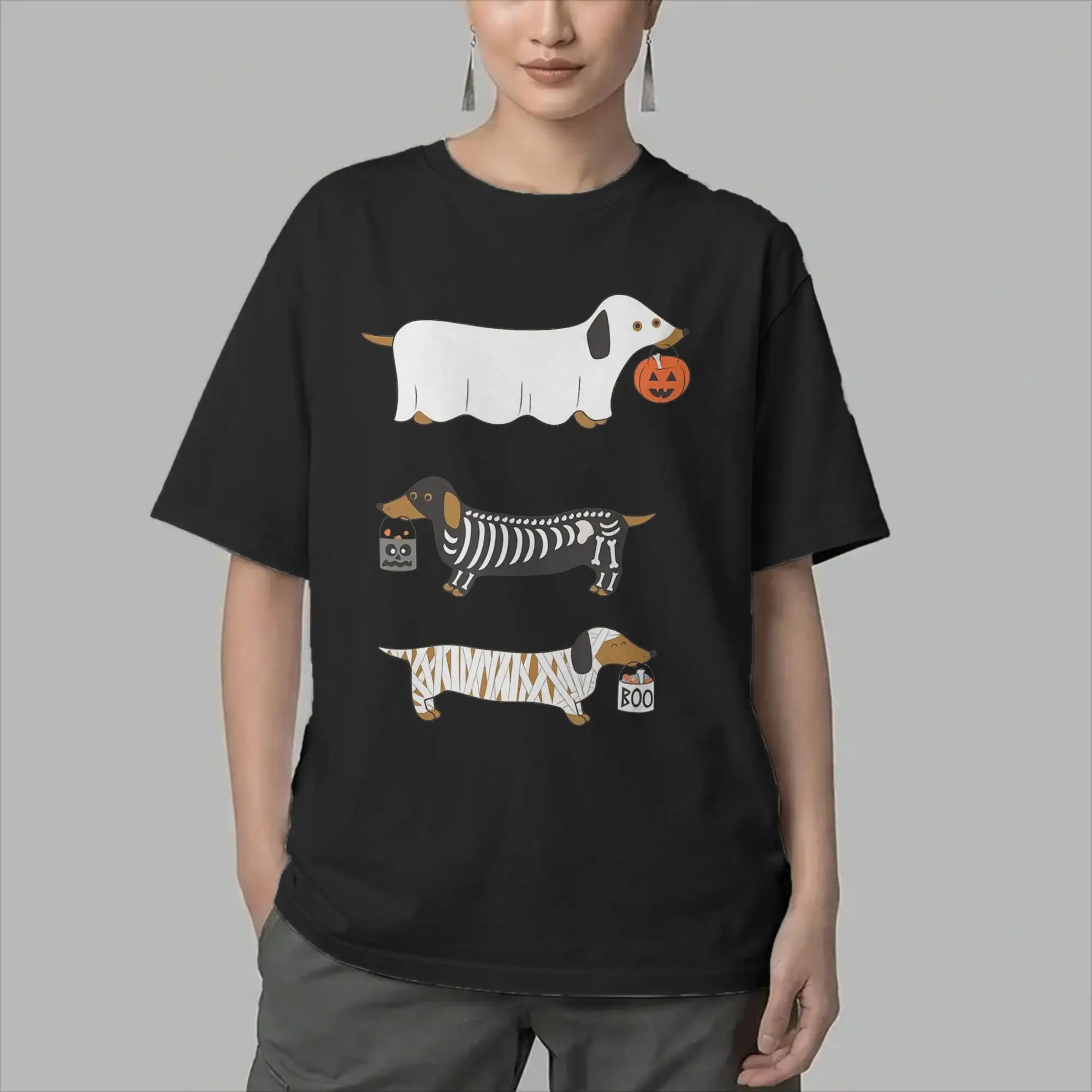 Cartoon Dachshund Halloween T Shirts Men Cotton Novelty T-Shirts Round Collar  Tee Shirt Short Sleeve Clothes Graphic