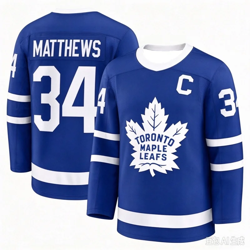 Hockey Jersey Blue with White Accents Matthews 34 Captain C Classic Maple Leaf Logo Athletic Jersey 3d Print Family Kids Tees