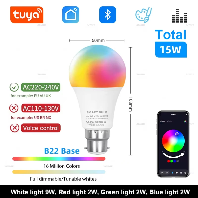 Tuya Bluetooth LED-lamp Dimbaar 15W 18W E27 B22 220V RGBCW Kleurverandering Lampen Smart Life APP Groepscontrole Muziek Ritme Timing