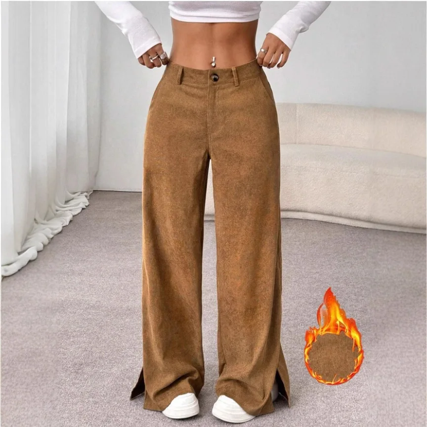 2025 European and American Women's Autumn and Winter Casual Fashion Corduroy Mid Waist Split Loose Straight Leg and Floor Length