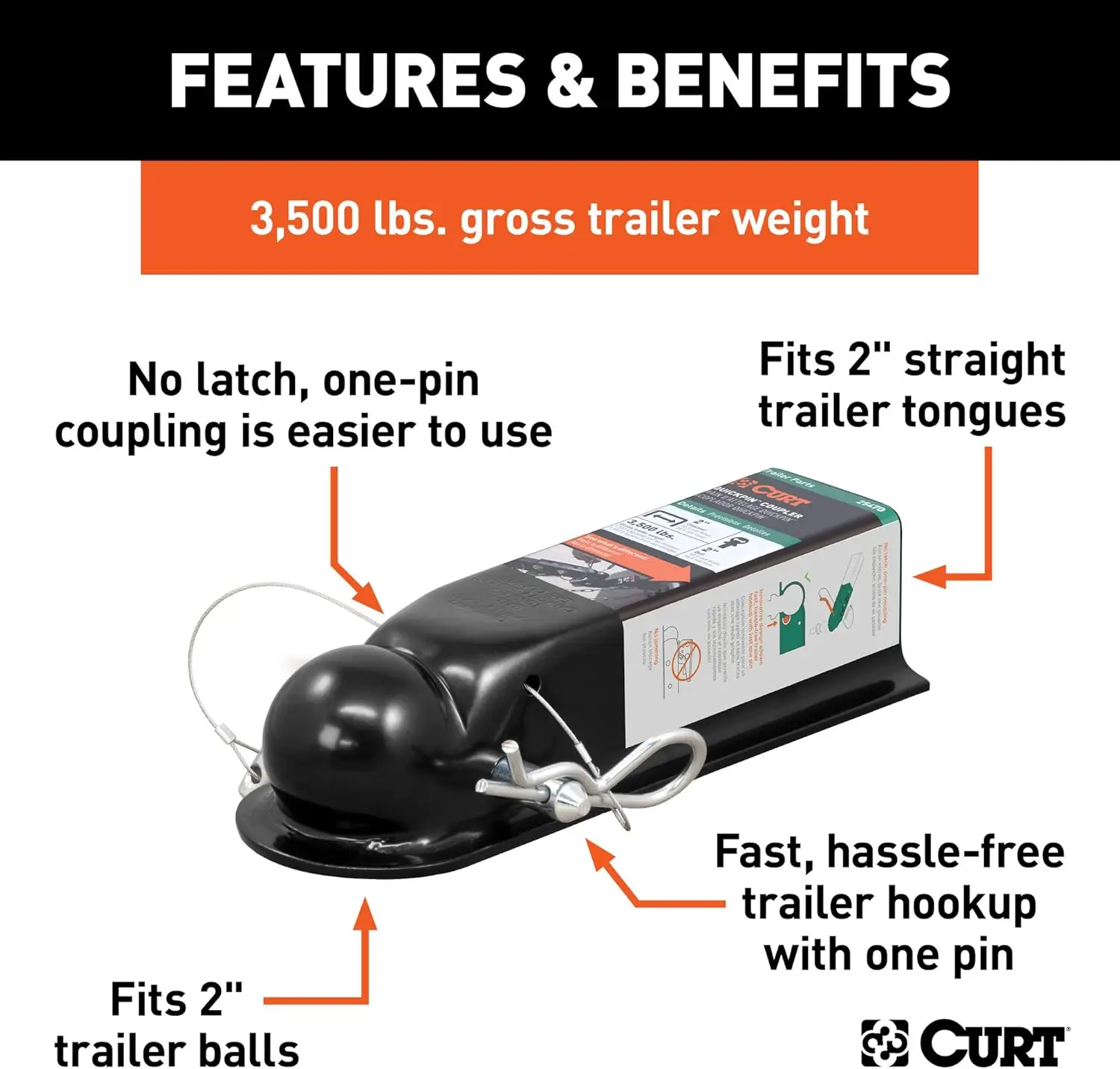 25470 QuickPin No-Latch Trailer Coupler for 2-Inch Hitch Ball, 2-in Channel, 3,500 lbs