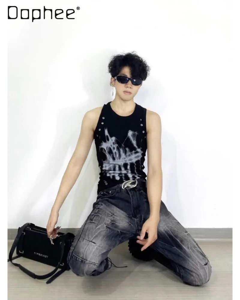 2026 Summer Men's American Retro Street Feng Shui Ripple Phantom Print Cuff Rivet Decorative Round Neck Shaped Sleeveless Vest