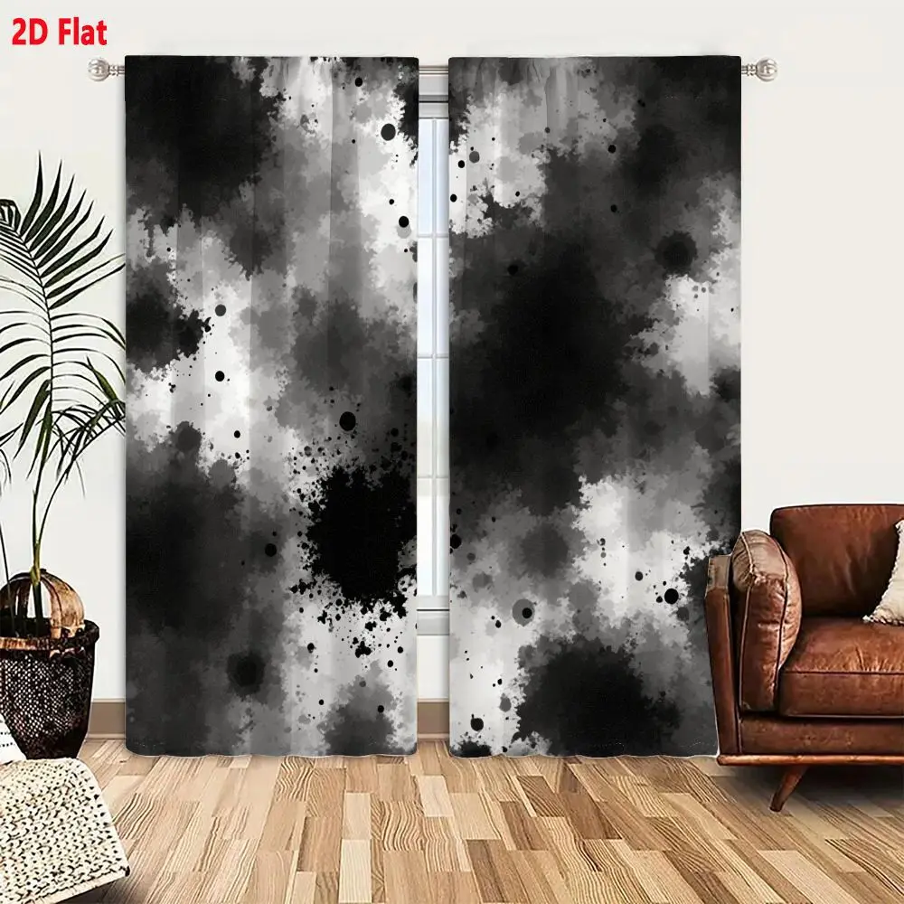 2Pcs Curtains 2D Flat Monochromatic Abstract Ink Splatter Composition With Dynamic Smudges And Textured Grayscale Cloud Patterns
